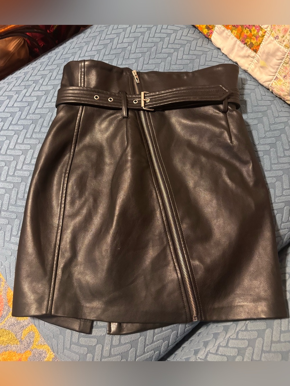 Blank NYC Black Faux Leather Belted Mini Skirt with Asymmetrical Zip